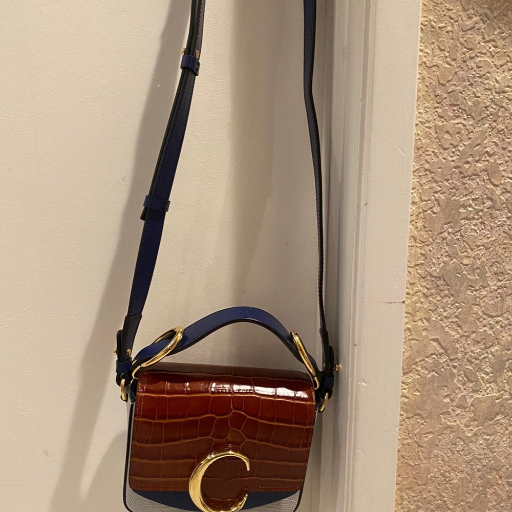 Chloé Tricolor Croc-Effect C Mini Crossbody - Brown, Blue, White, Gold - Picture 3 of 6